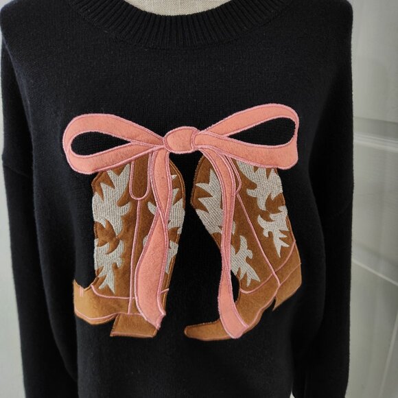 Threaded Leaf Sweater L Black Cowgirl Boots Big Pink Bow Western Rodeo Party - Picture 2 of 15